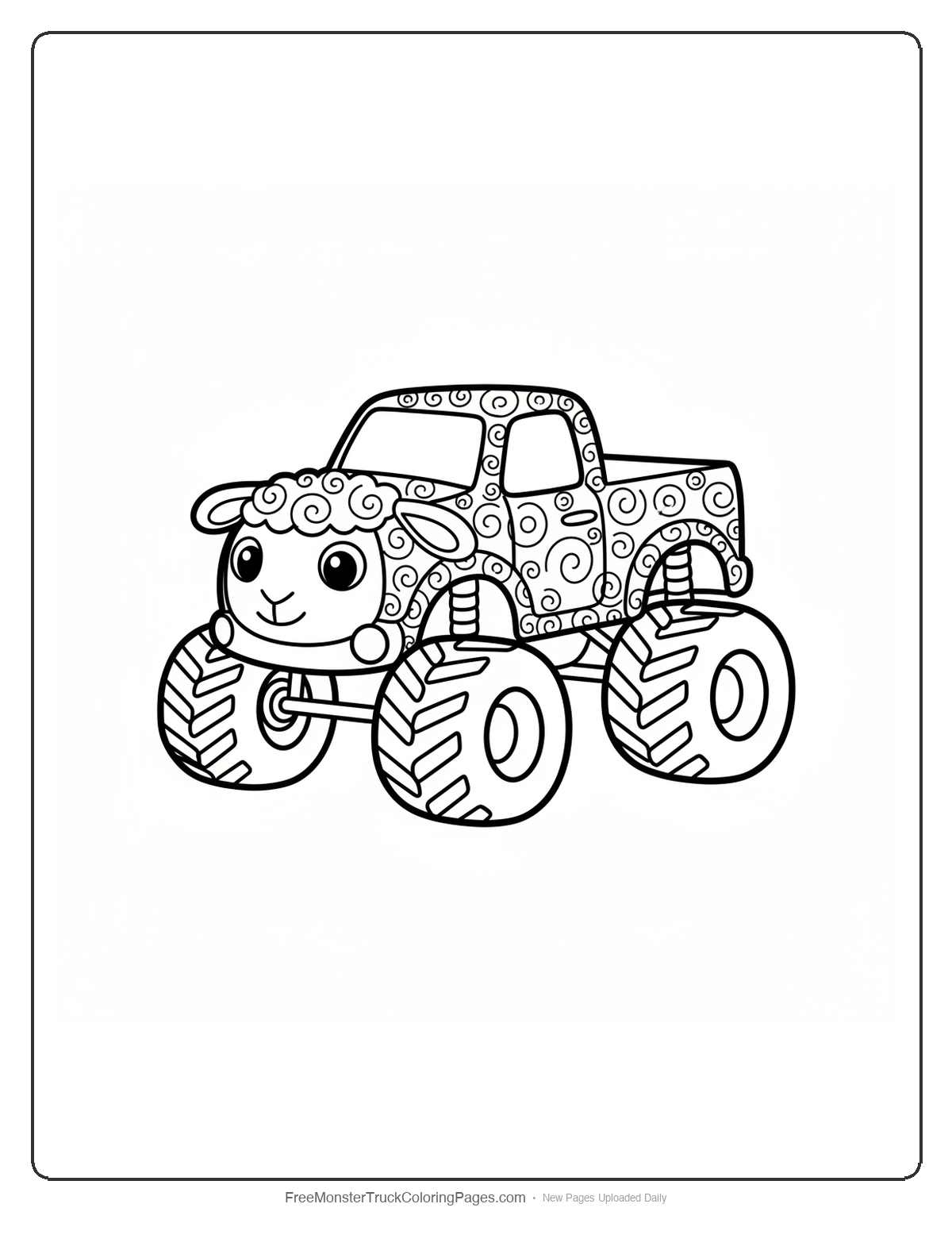 Black and white coloring page of a monster truck covered in curly wool patterns like a sheep