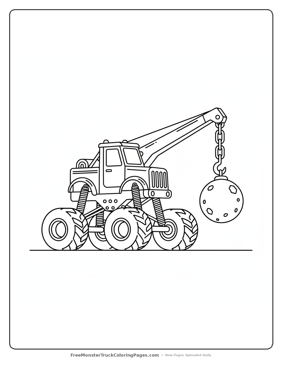 Black and white coloring page of a monster truck with a wrecking ball crane attachment and large wheels
