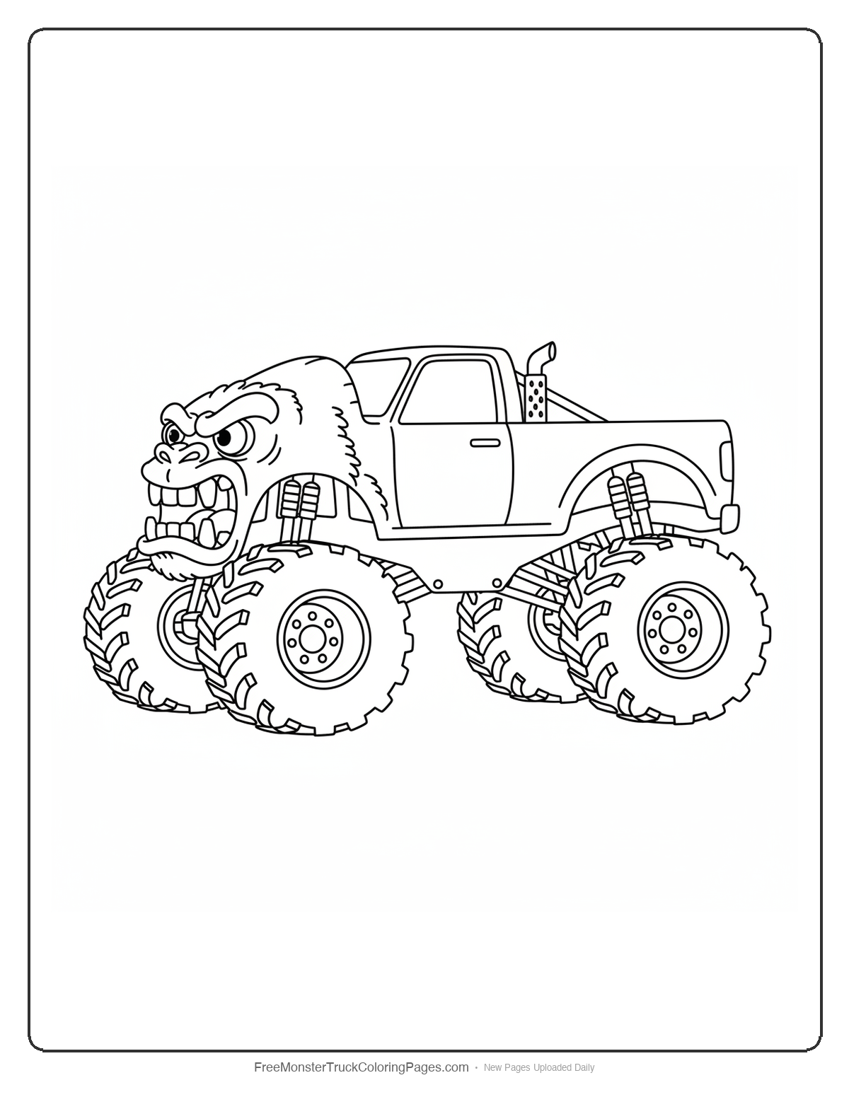 Black and white coloring page of a monster truck with a yeti face shaped front grille and angry eye headlights