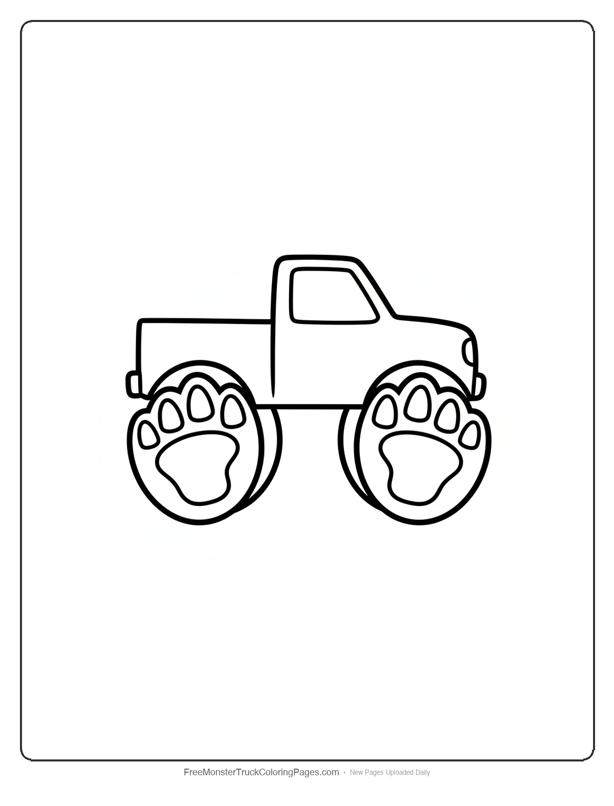 Black and white coloring page of a simple monster truck with giant yeti footprint shaped wheels with big toes