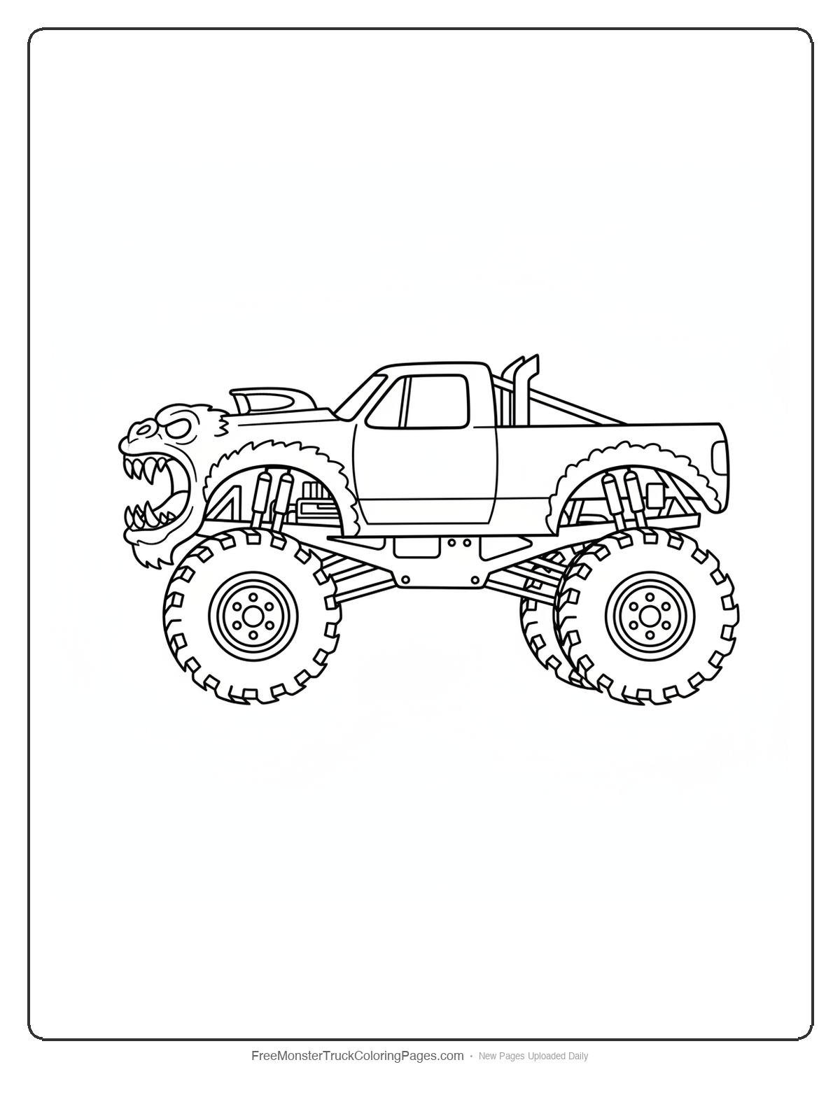 Black and white coloring page of a monster truck with a hood shaped like a yeti roaring mouth with fangs and nostril air scoops
