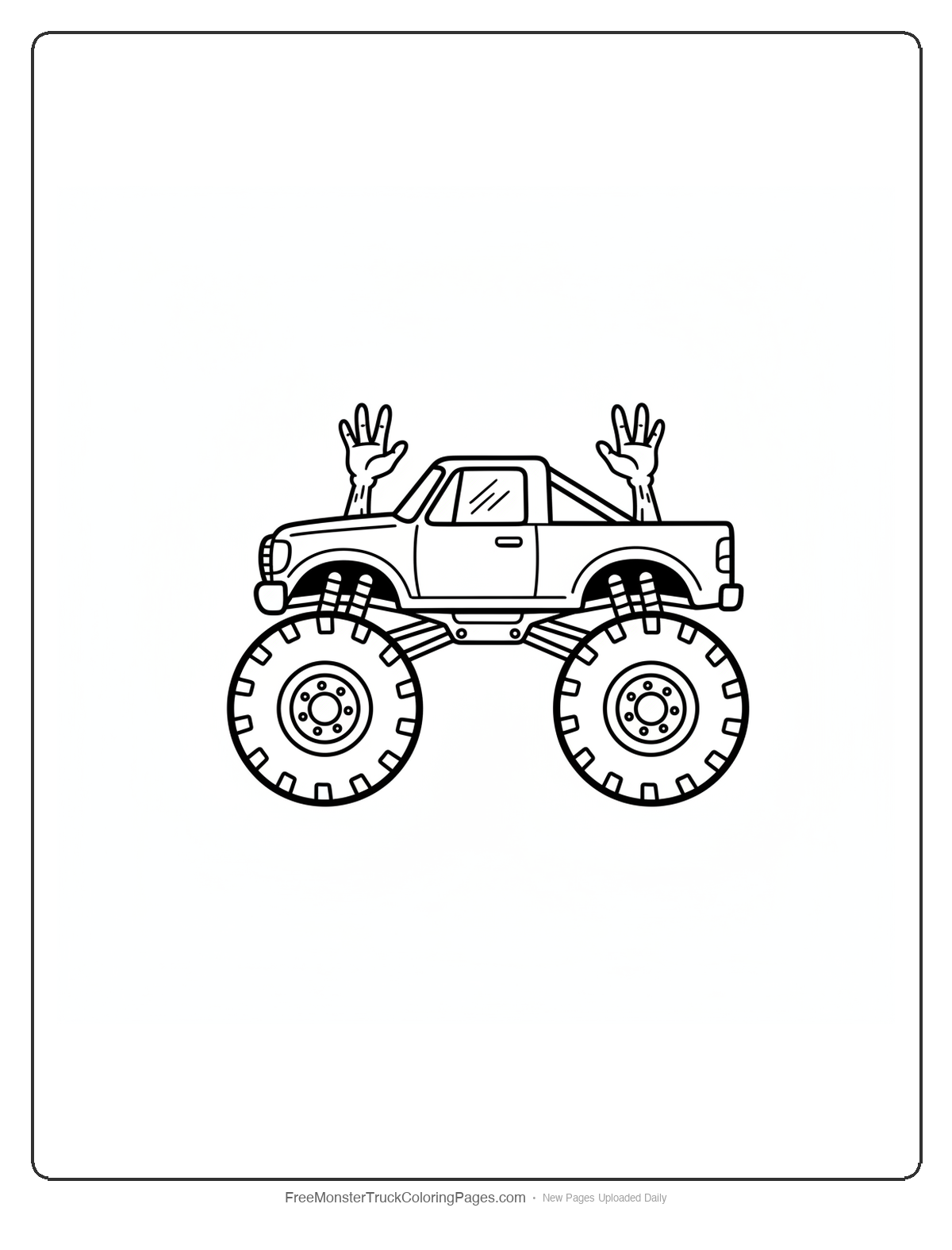 Black and white coloring page of a monster truck with exhaust pipes shaped like zombie arms reaching upward behind the cab