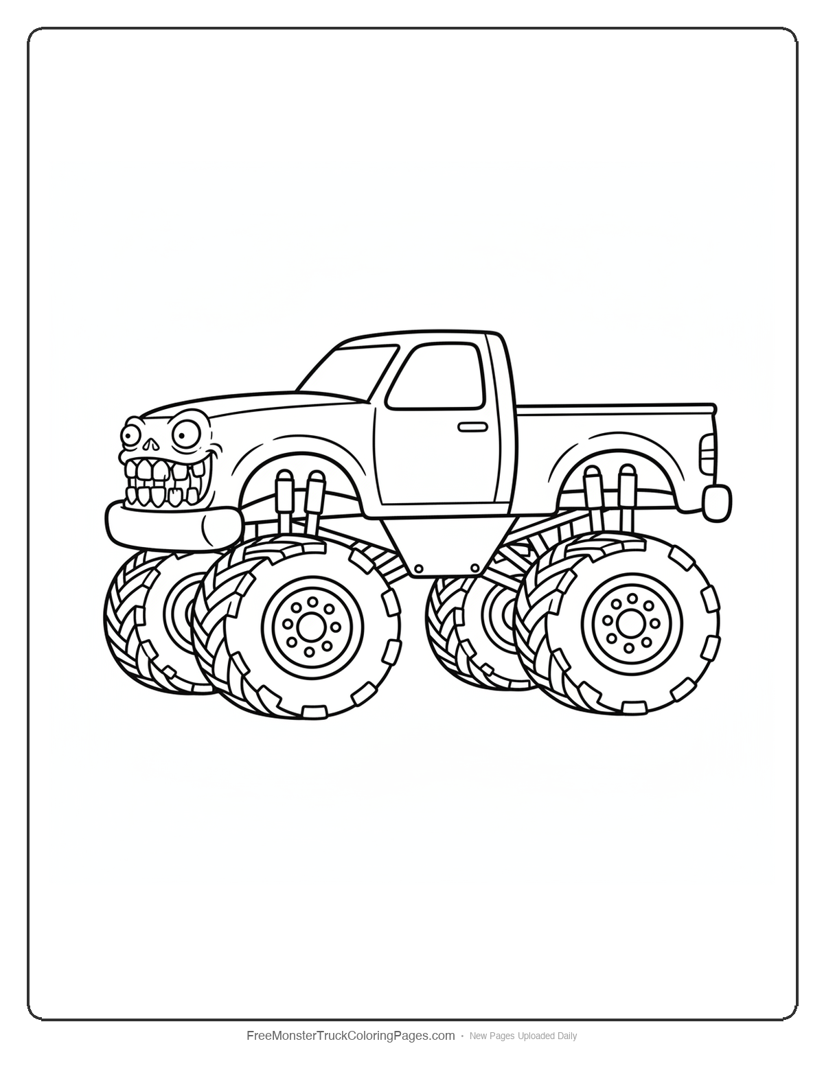 Black and white coloring page of a monster truck with a front grille shaped like an open zombie mouth with crooked teeth