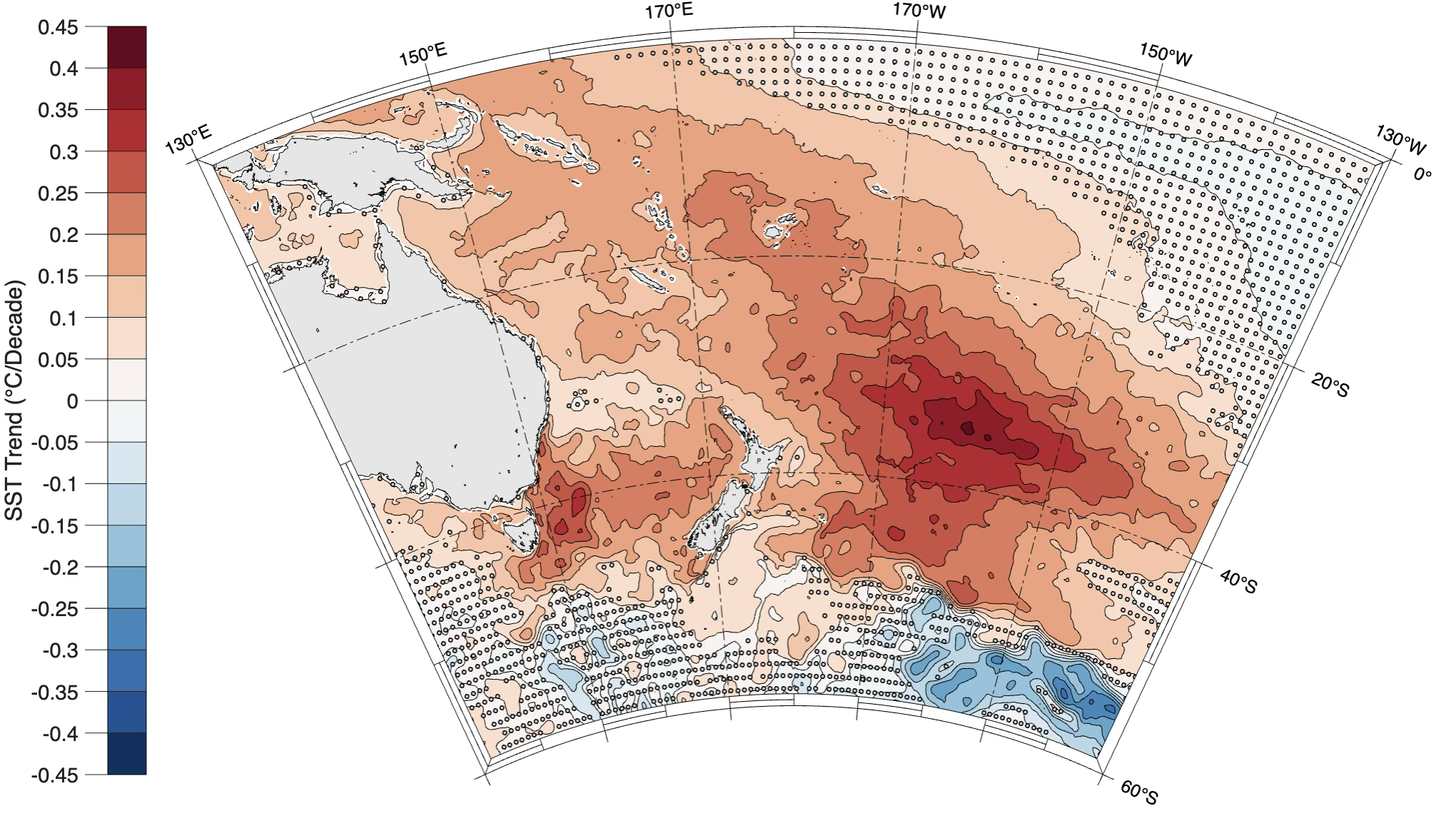 A map of SST Trends in the Southwest Pacific