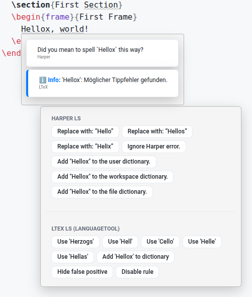 TeXlyre LSP client receiving grammar and spell-checking actions over WebSocket from the Harper LS server