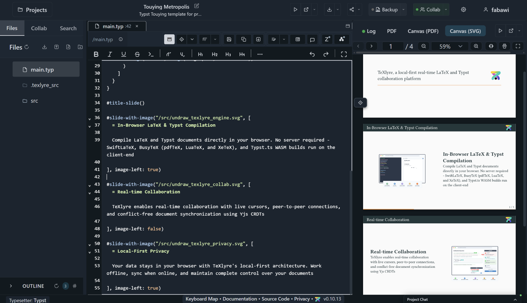 Main editor interface showing split view with LaTeX code on left, compiled PDF on right