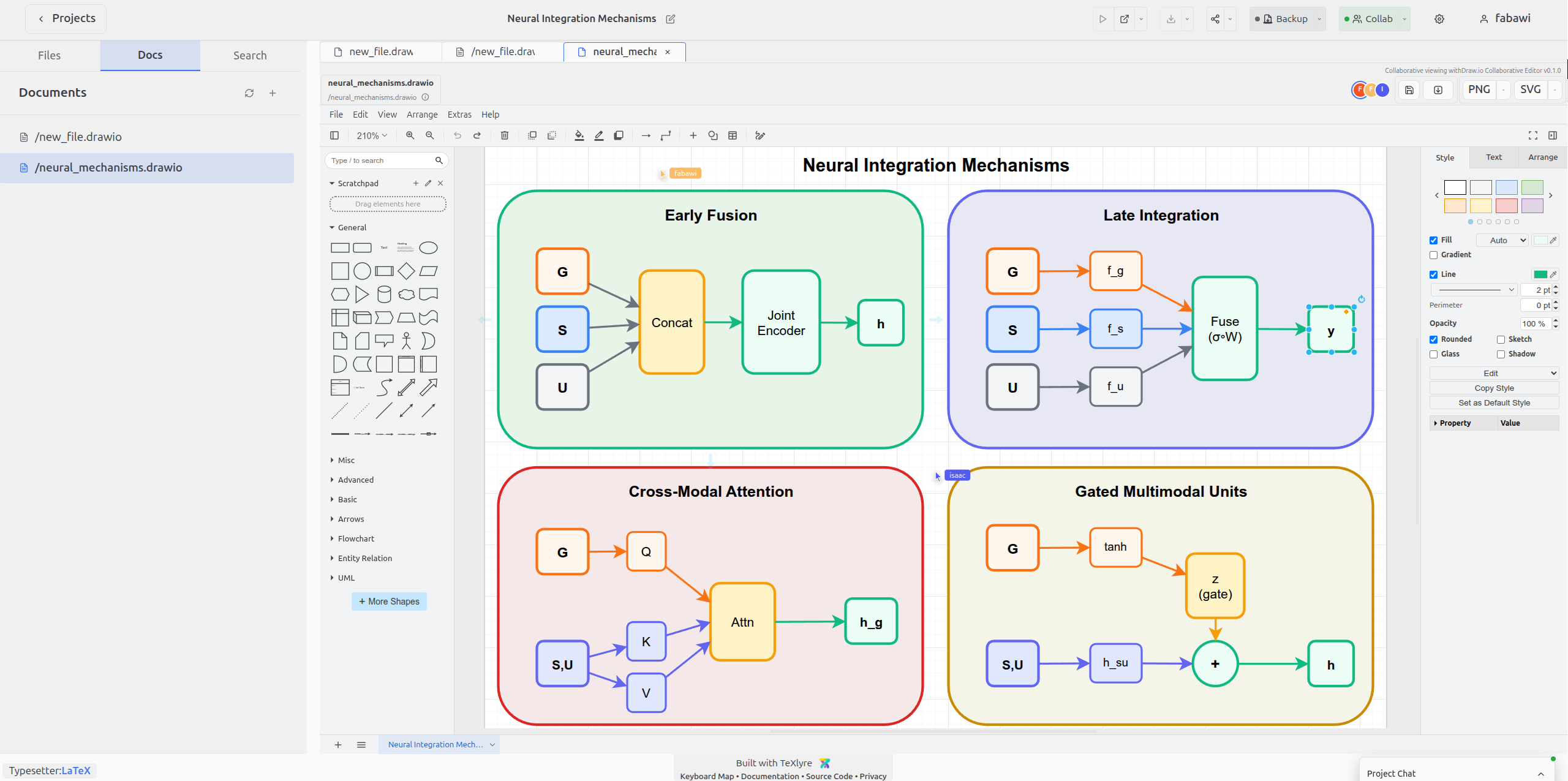 Collaborators editing a draw.io diagram simultaneously within a TeXlyre project