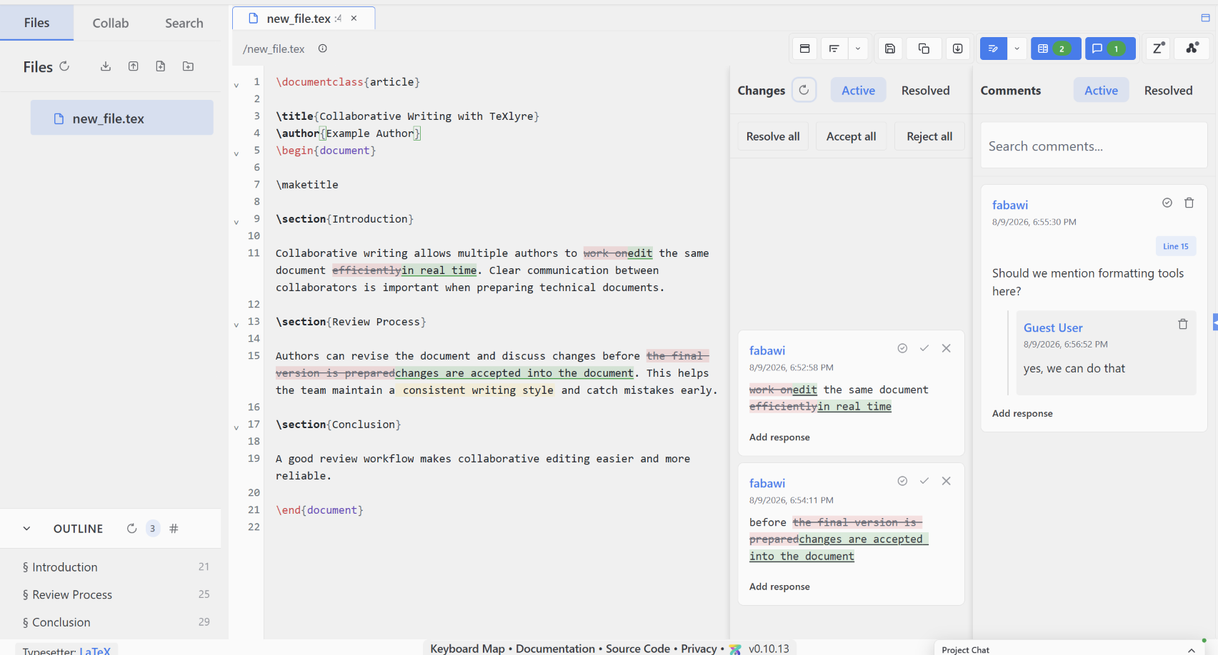 TeXlyre editor with tracked edits and the review panel open