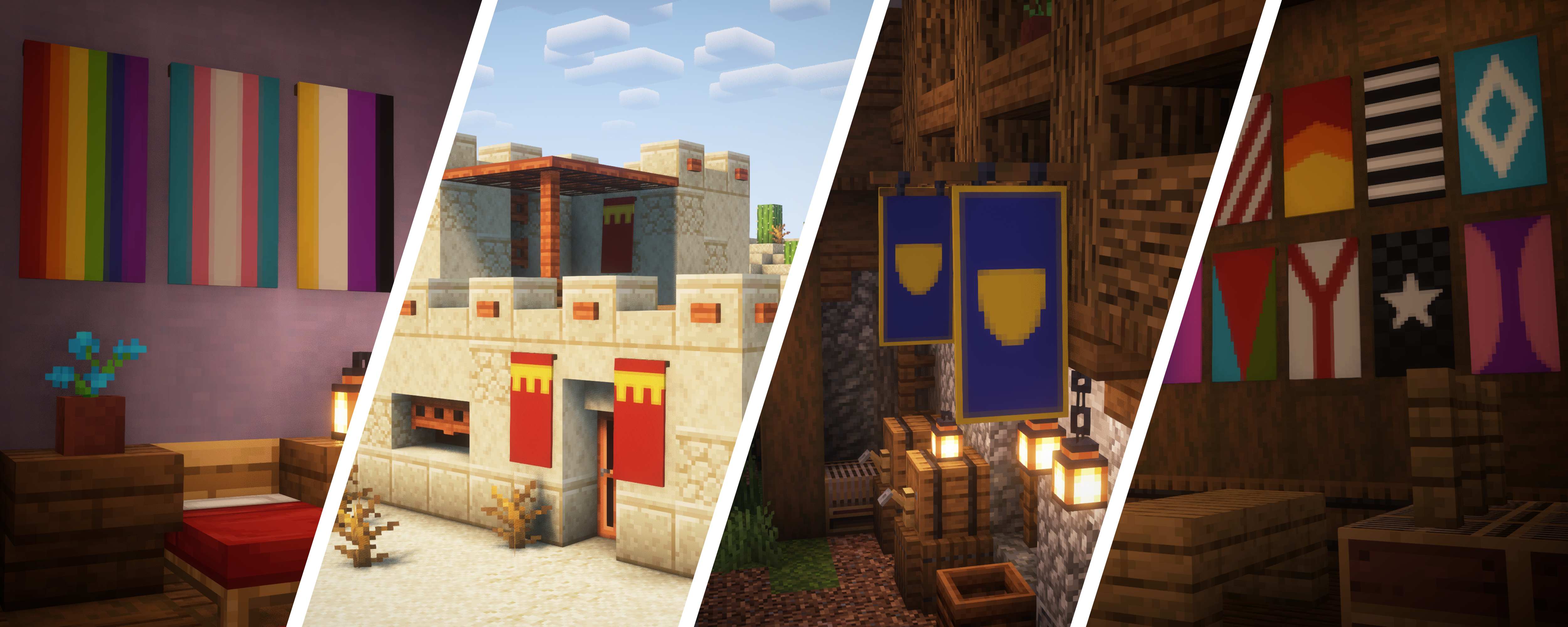 A collage of different banners in different environments. The first showcases the LGBTQ flag, Trans flag, and Nonbinary flag in a bedroom. The second showcases red and yellow banners on a desert house. The third showcases blue banners with a yellow shield hanging above a medieval tavern. The last showcases a wide variety of random banners in a medieval textile mill.