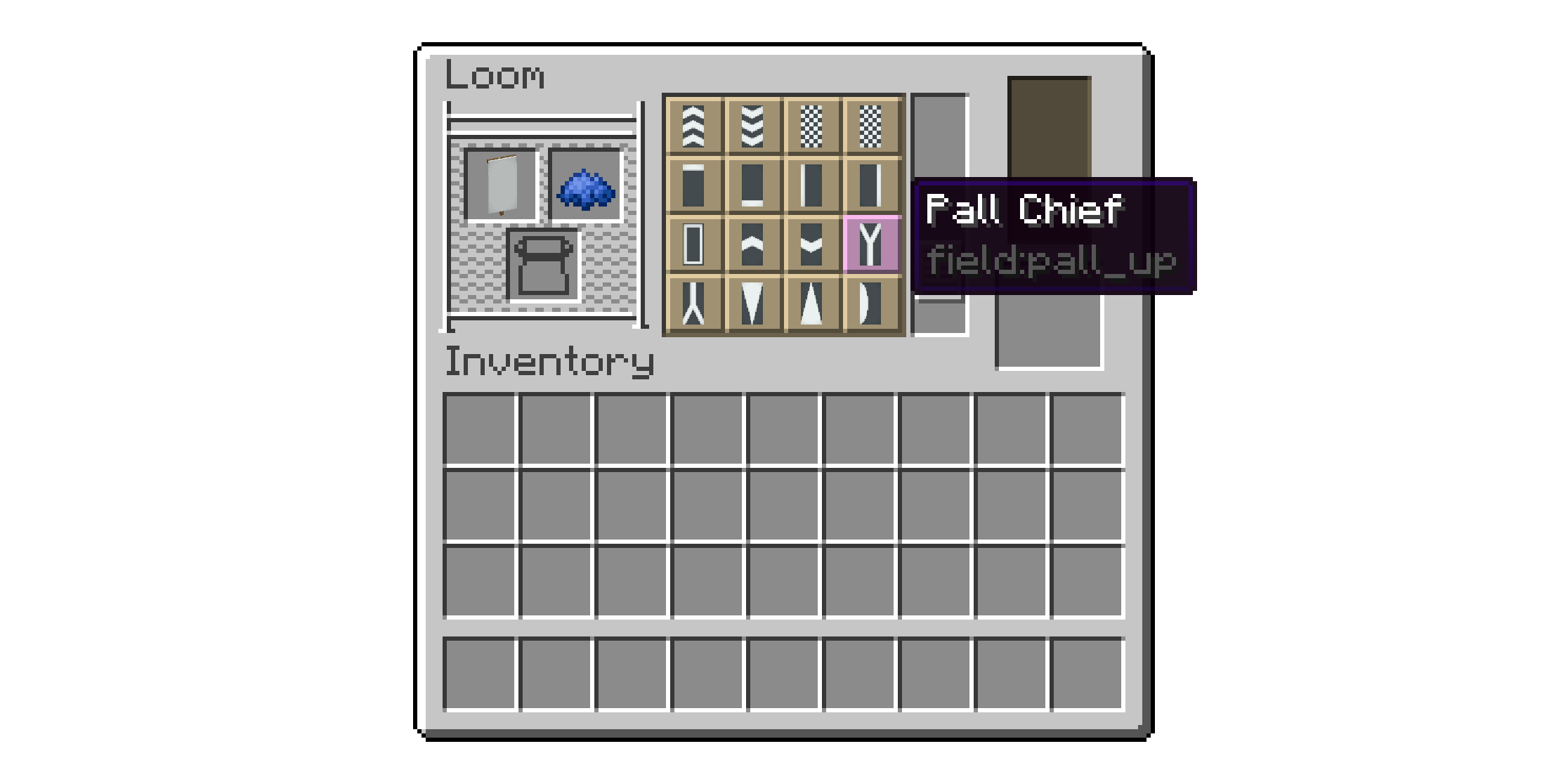 An image of the loom screen. The banner pattern 'Pall Chief' is being hovered over, showing a tooltip.