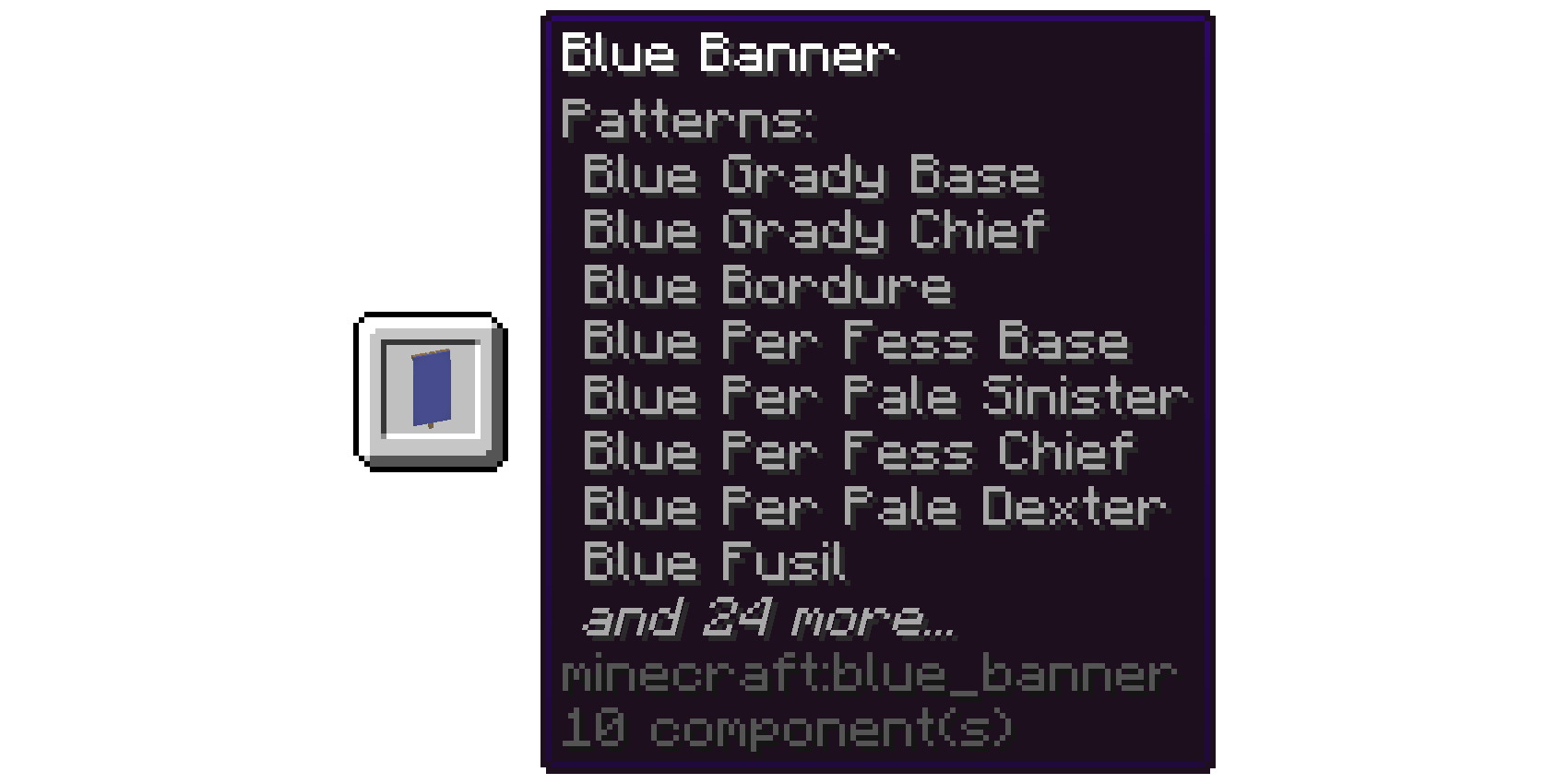 A banner being hovered over, showing a tooltip describing it. The banner has the patterns: Blue Grady Base, Blue Grady Chief, Blue Bordure, Blue Per Fess Base, Blue Per Pale Sinister, Blue Per Fess Chief, Blue Per Pale Dexter, Blue Fusil, and with 24 more being trimmed.