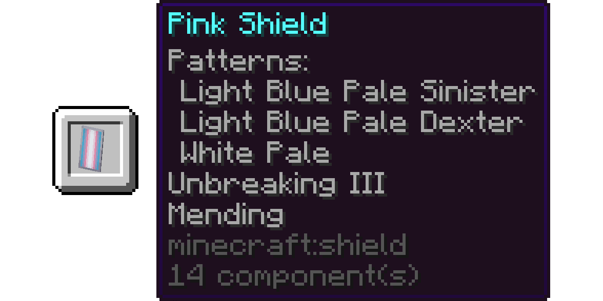 A Shield being hovered over, with a reworked tooltip describing it. The Shield has a Pink Banner, with the patterns: Light Blue Pale Sinister, Light Blue Pale Dexter, and White Pale. The Shield is enchanted with: Unbreaking 3 and Mending.