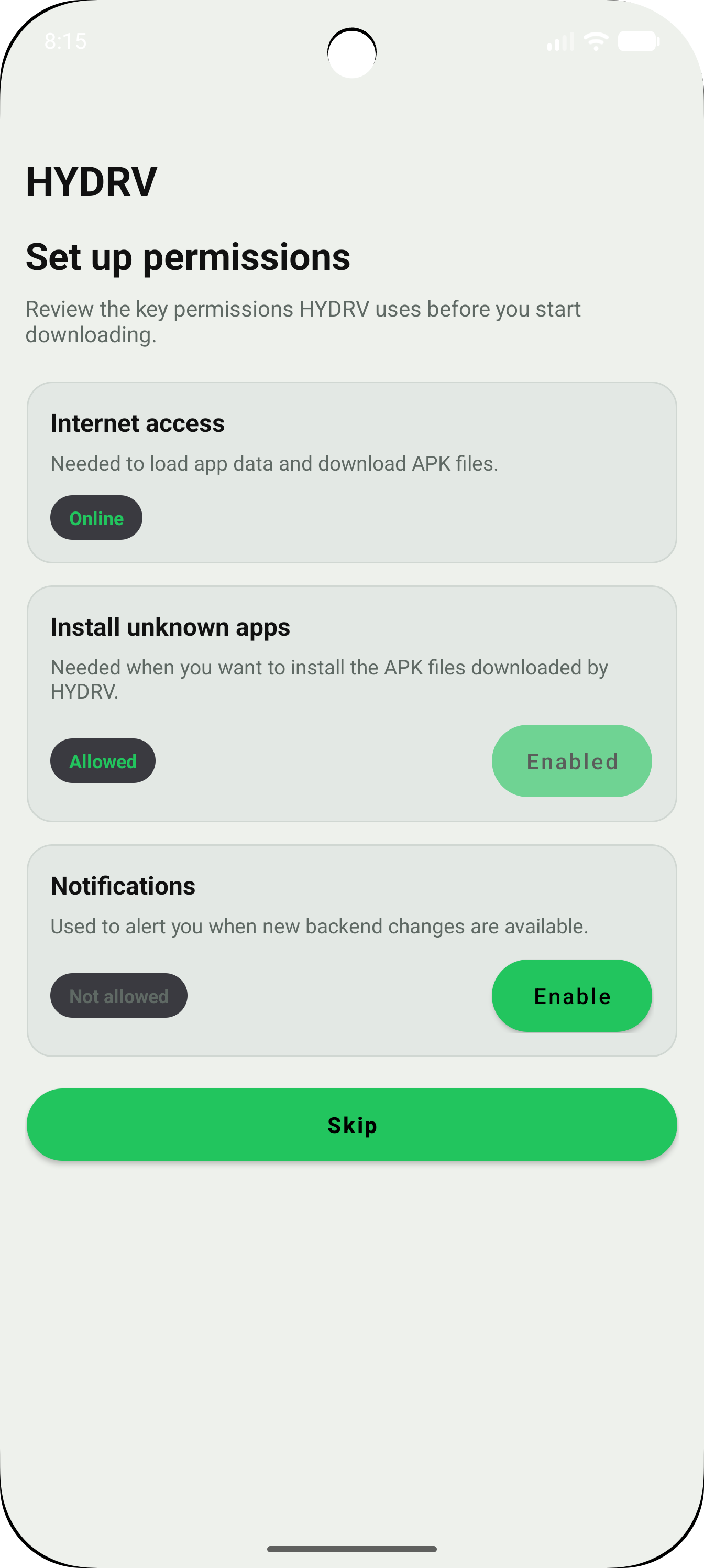 HYDRV permissions screen