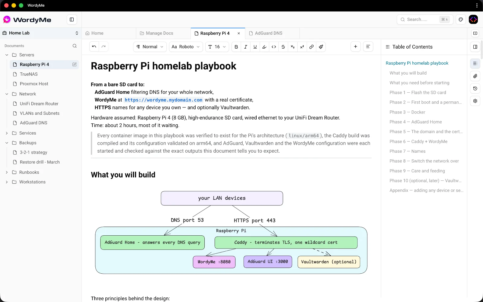 WordyMe editor with the space tree and an architecture diagram