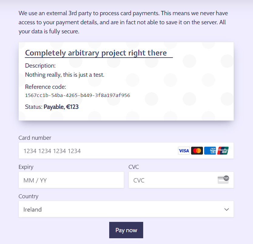Screenshot of the payment page