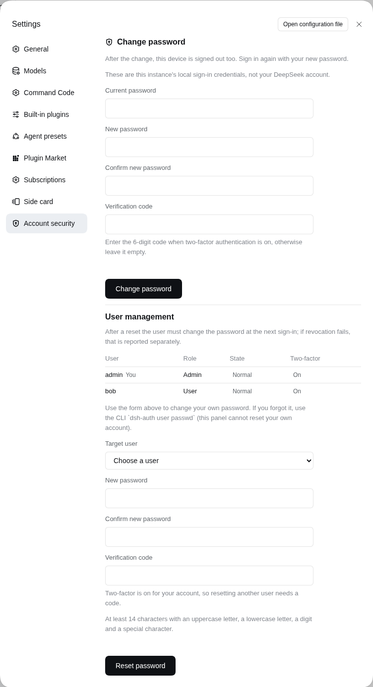 The Account security panel in an administrator's settings: the change-password form and, below it, the user management block