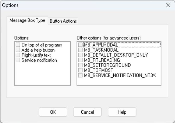 MessageBoxes for Anyone Options dialog box - Message Box Type