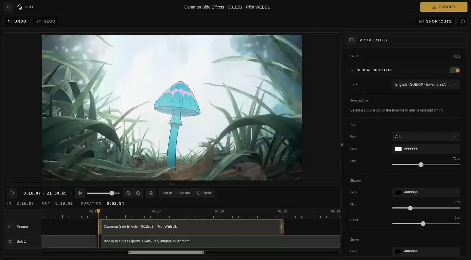 Cliparr editor showing a video preview, timeline clip selection, and subtitle controls.