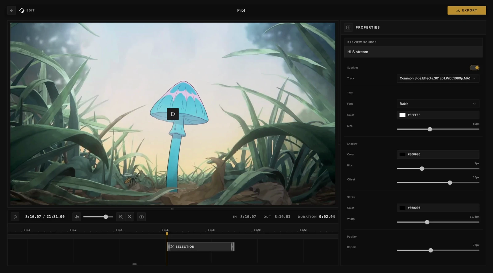 Cliparr editor showing a video preview, timeline clip selection, and subtitle controls.