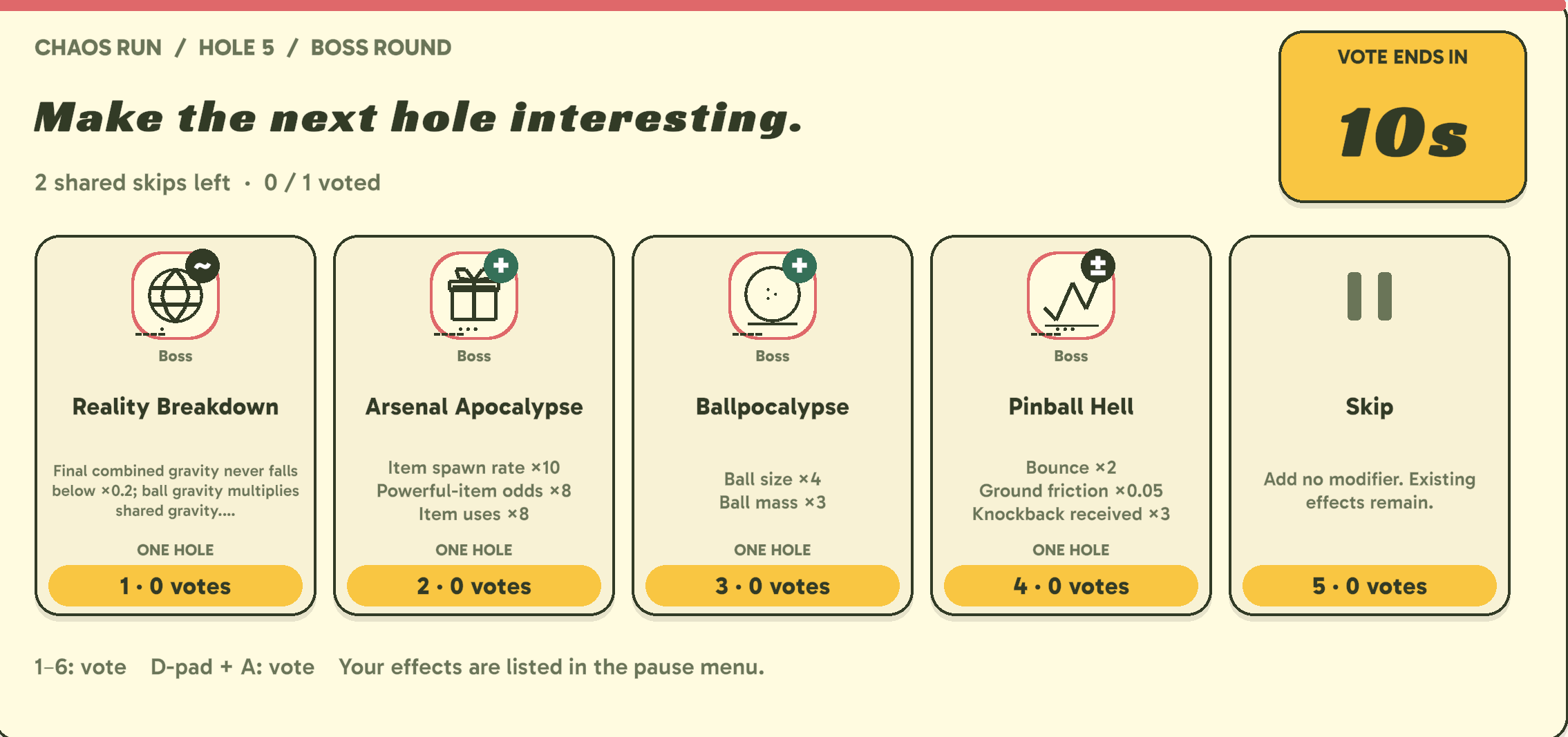 Boss round voting with four modifier cards and a Skip choice