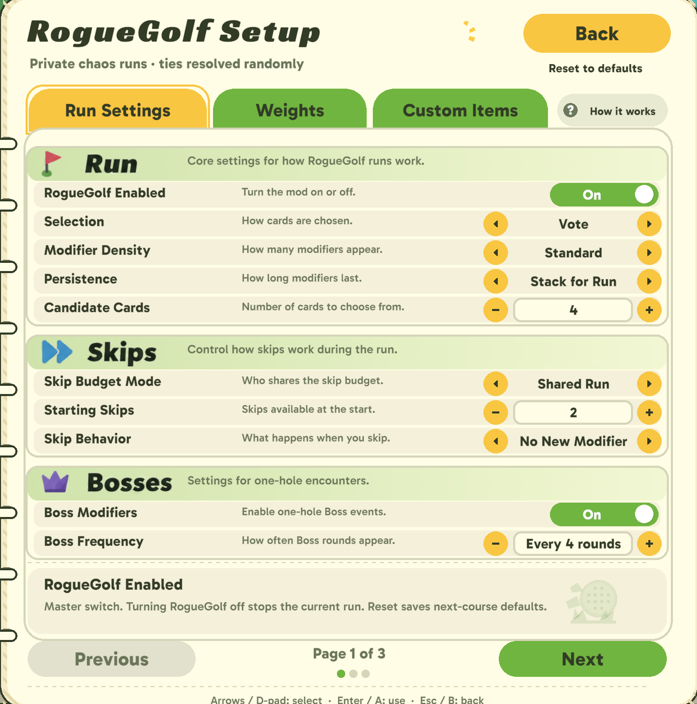 RogueGolf Run Settings with grouped Run, Skips and Bosses controls