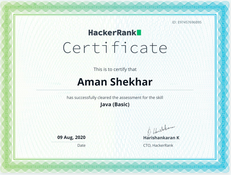 Here is my Java Certificate from HackerRank