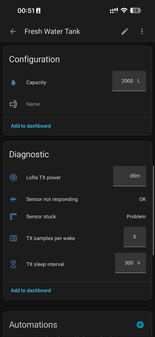 5. Configuration + Diagnostic — capacity, sleep interval, samples-per-wake all editable from HA