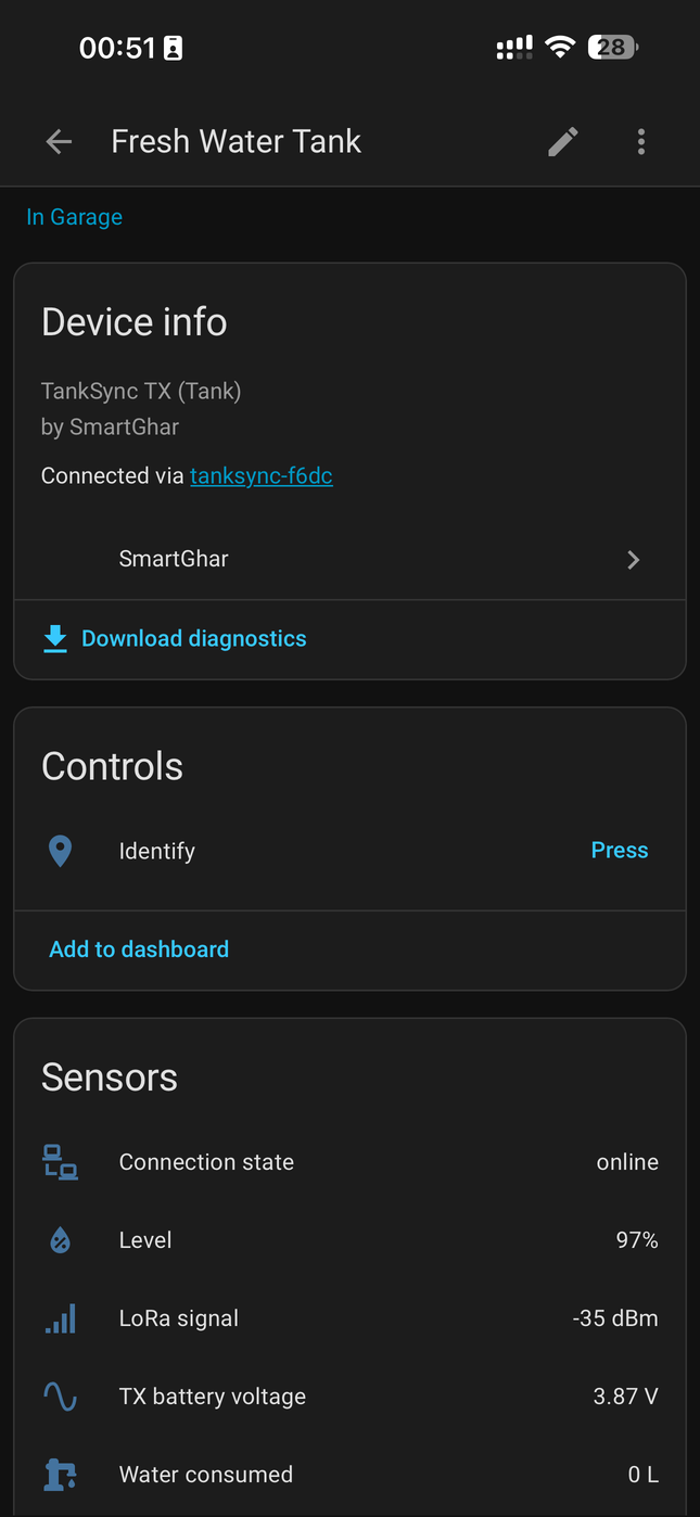 3. Tank device page — info, identify button, first sensors