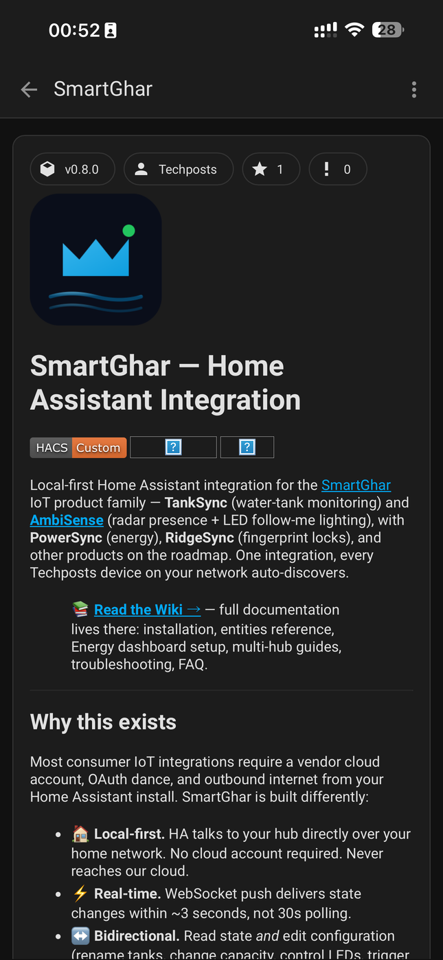 1. HACS listing — SmartGhar v0.8.0, multi-product (TankSync + AmbiSense)