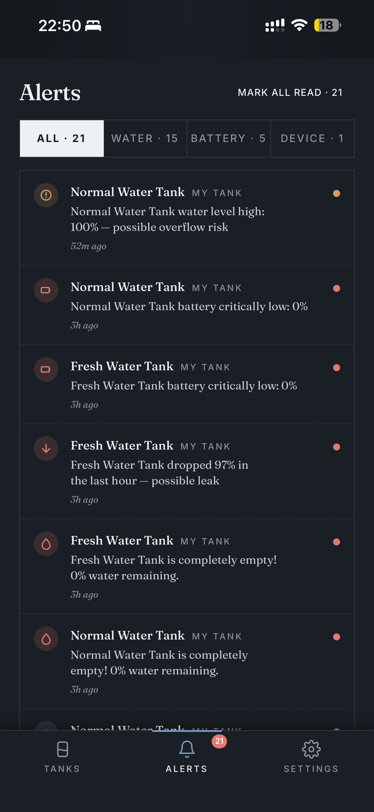 Alerts feed — dark