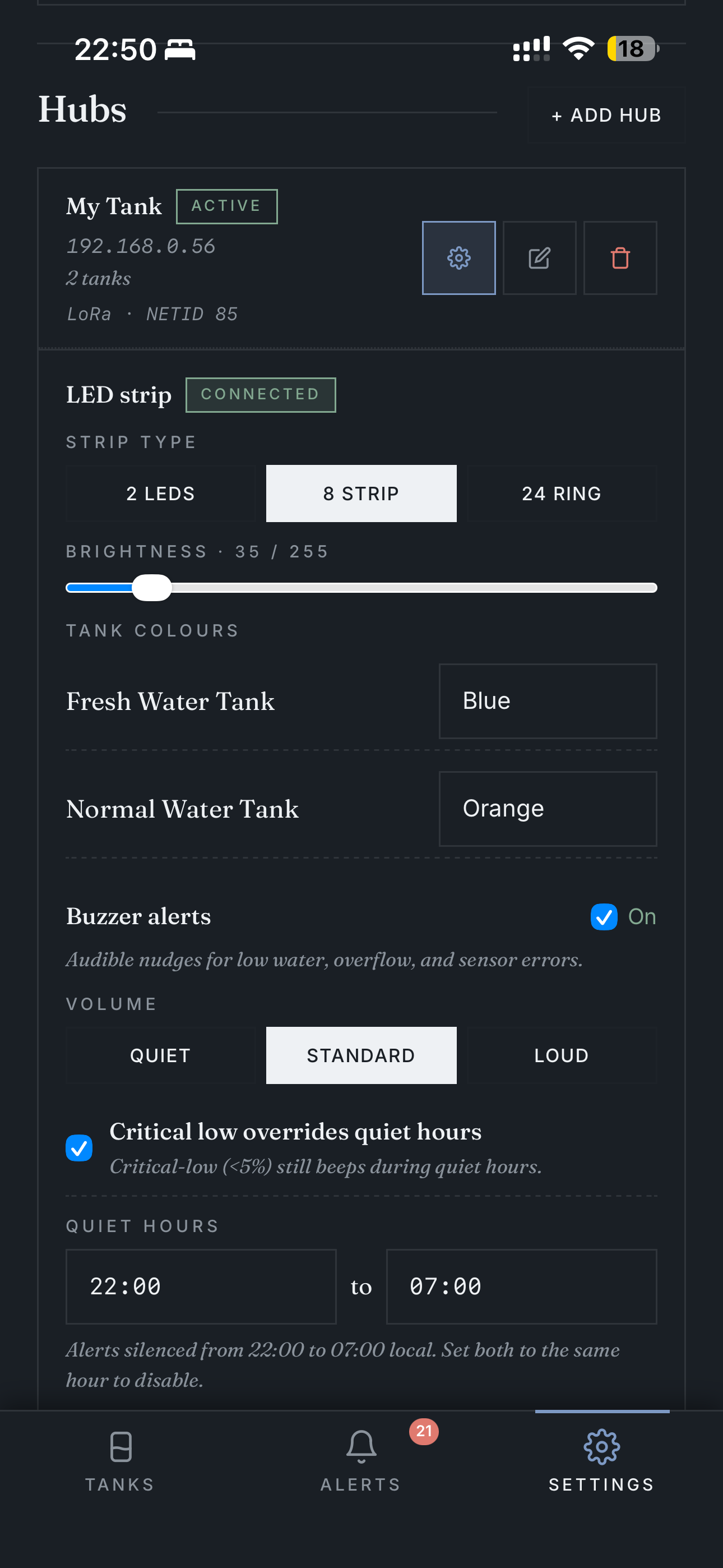 Settings — hub list + LED + buzzer