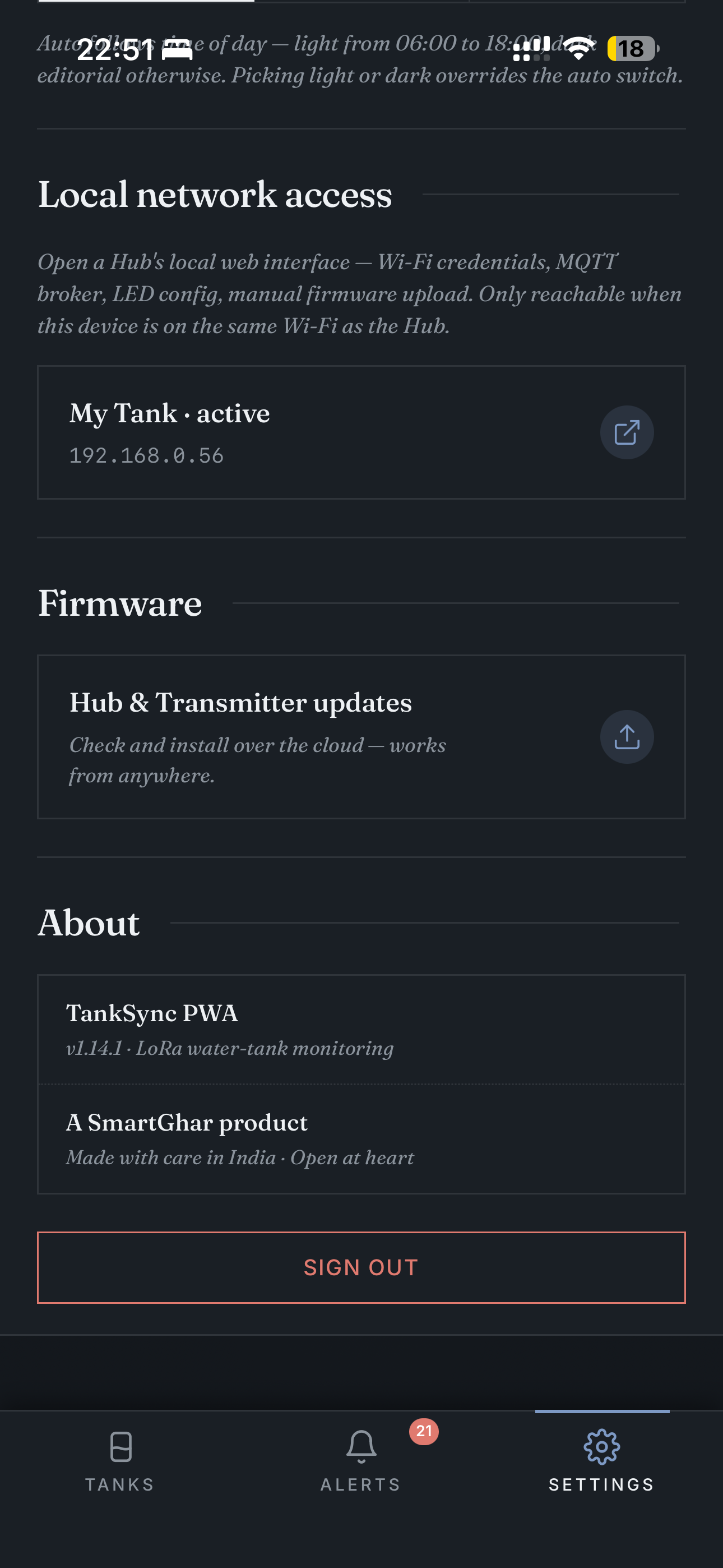 Settings — local network + firmware + about (dark)