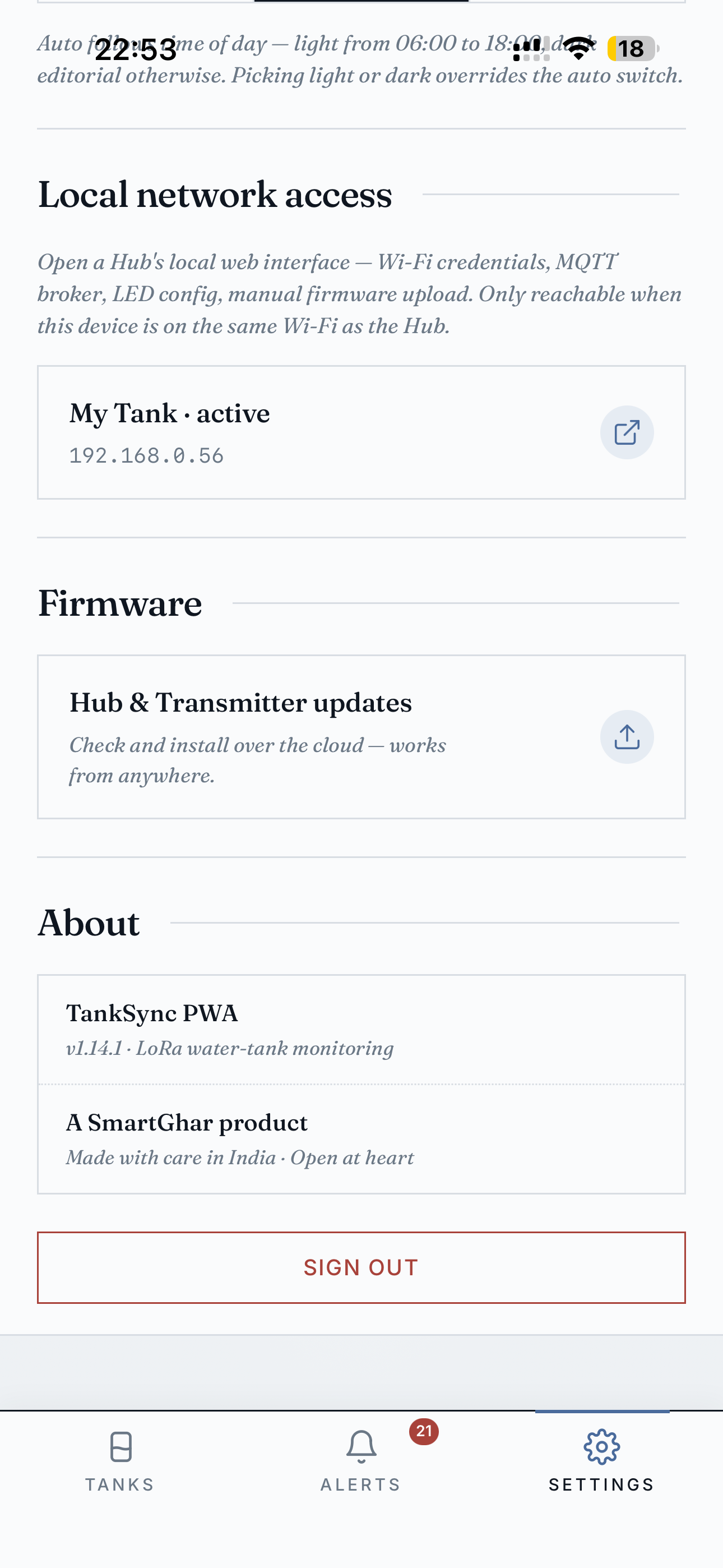 Settings — local network + firmware + about (light)