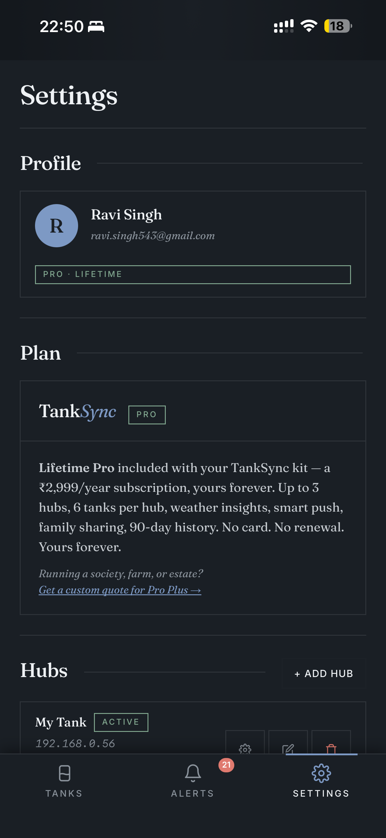 Settings — profile + plan