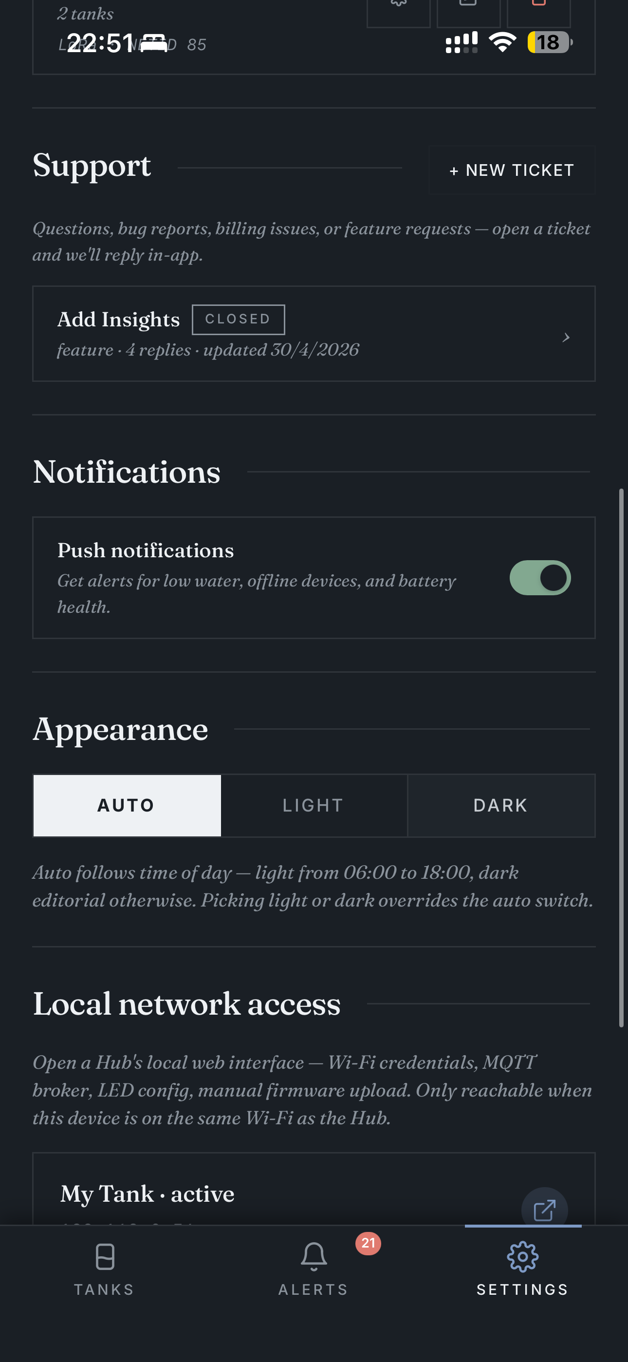 Settings — support, notifications, appearance