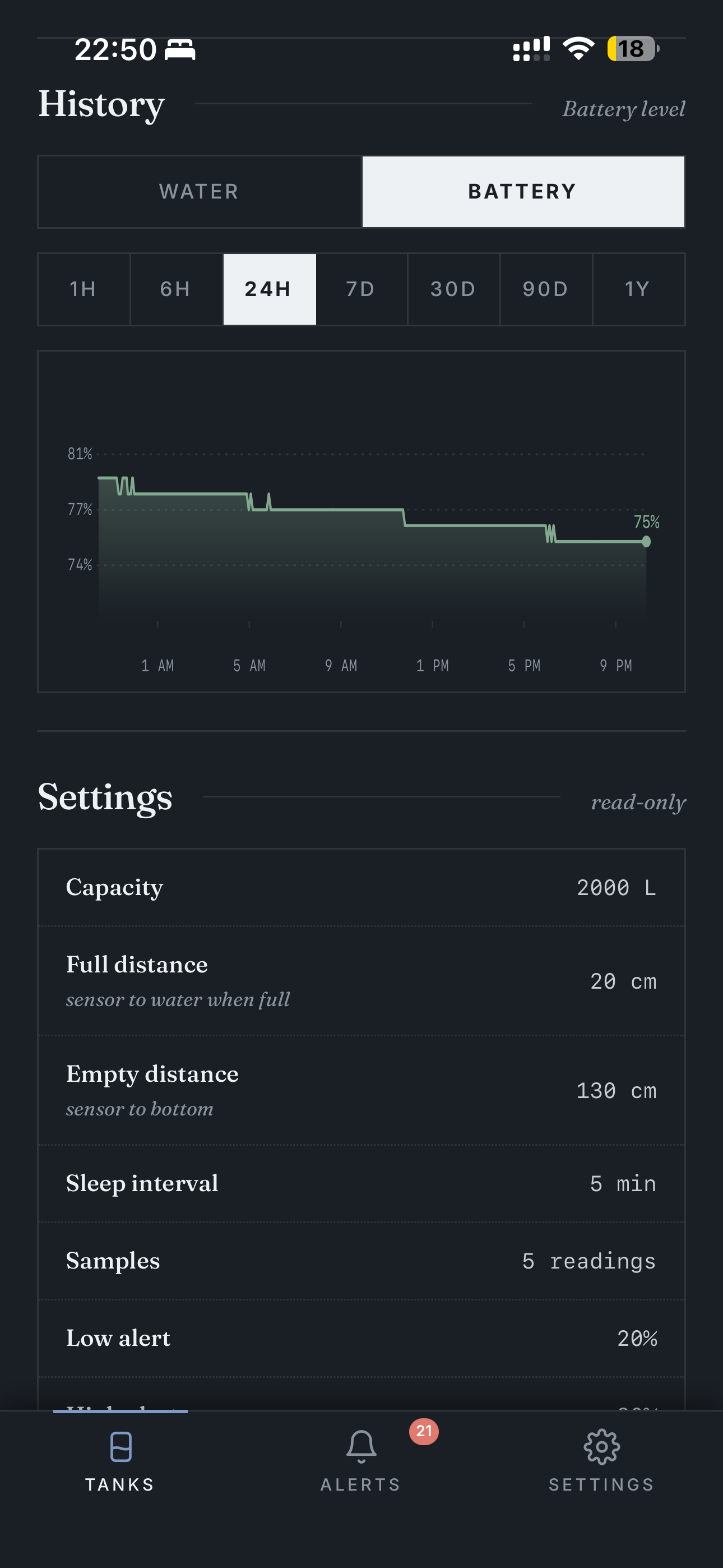 Tank detail — battery history + read-only settings