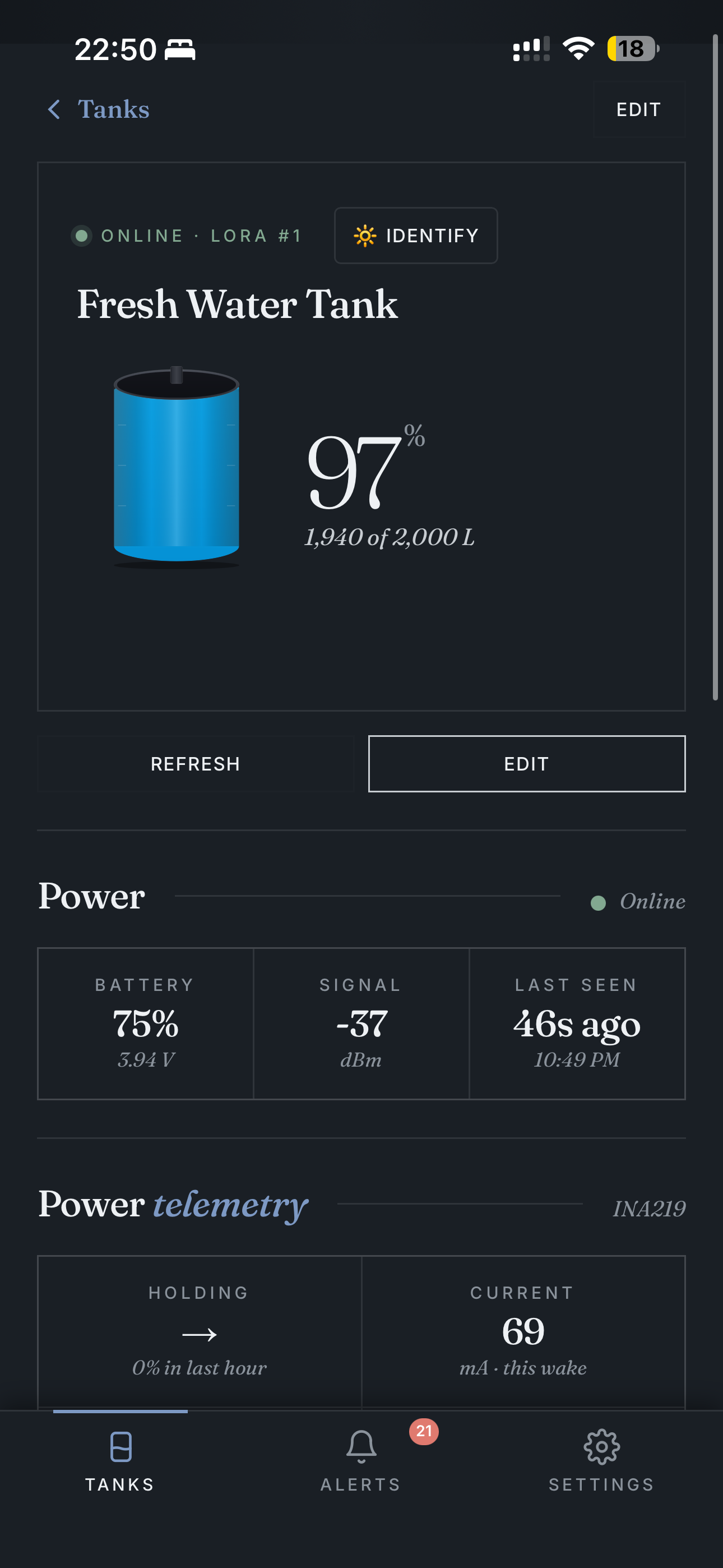 Tank detail — power telemetry from INA219