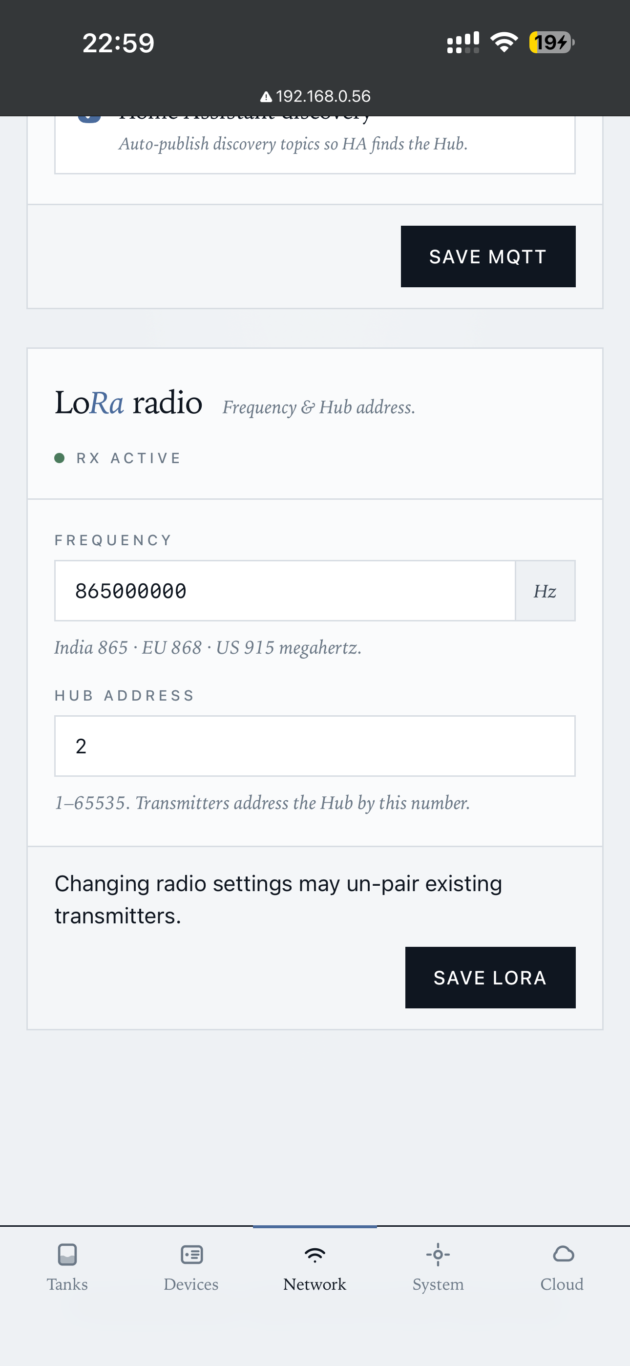 Network — LoRa frequency + hub address