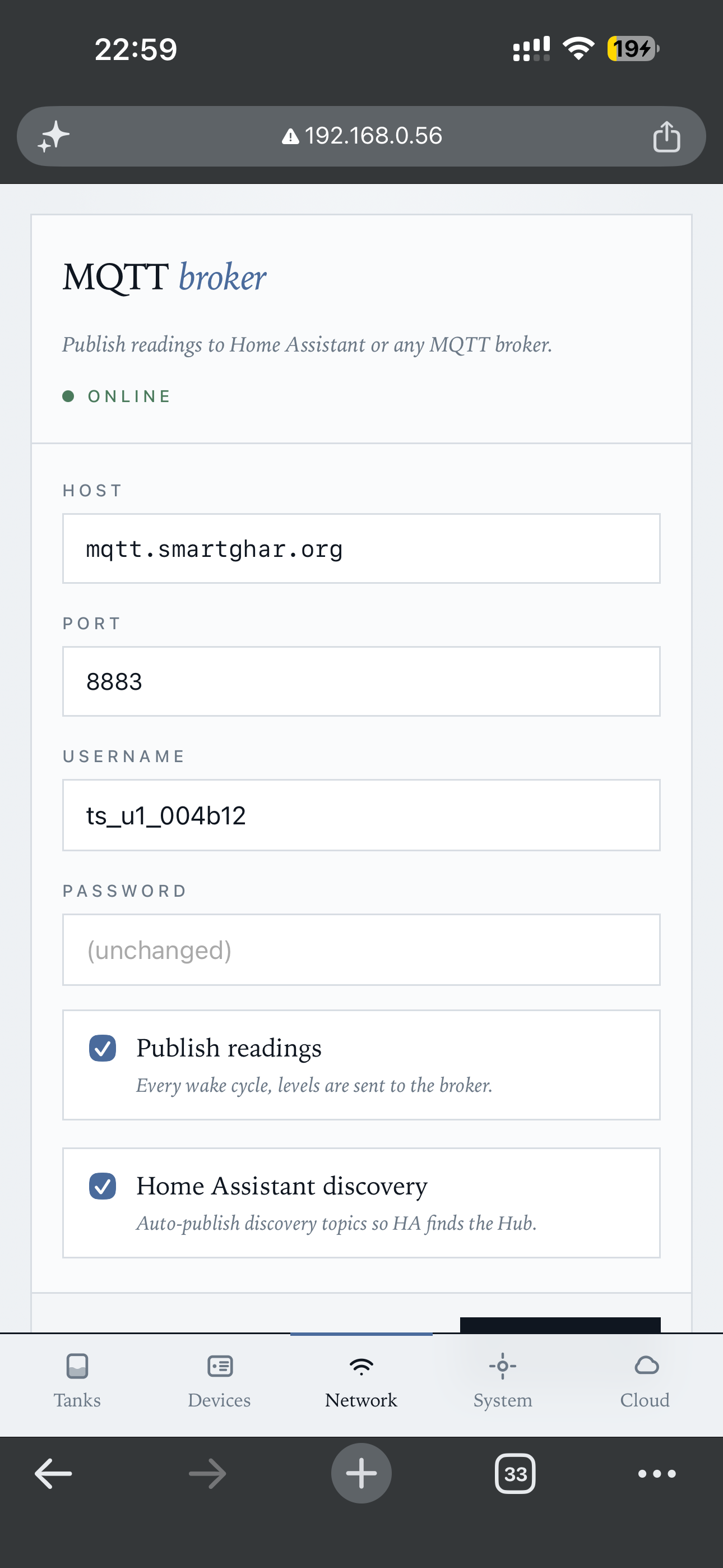 Network — MQTT broker config