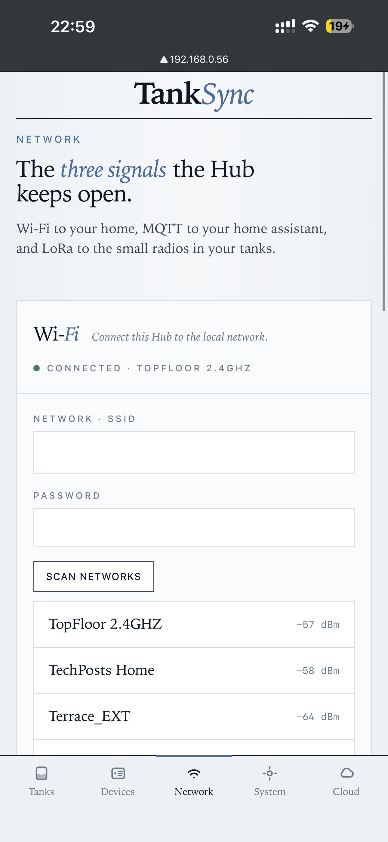 Network — Wi-Fi scan + credentials