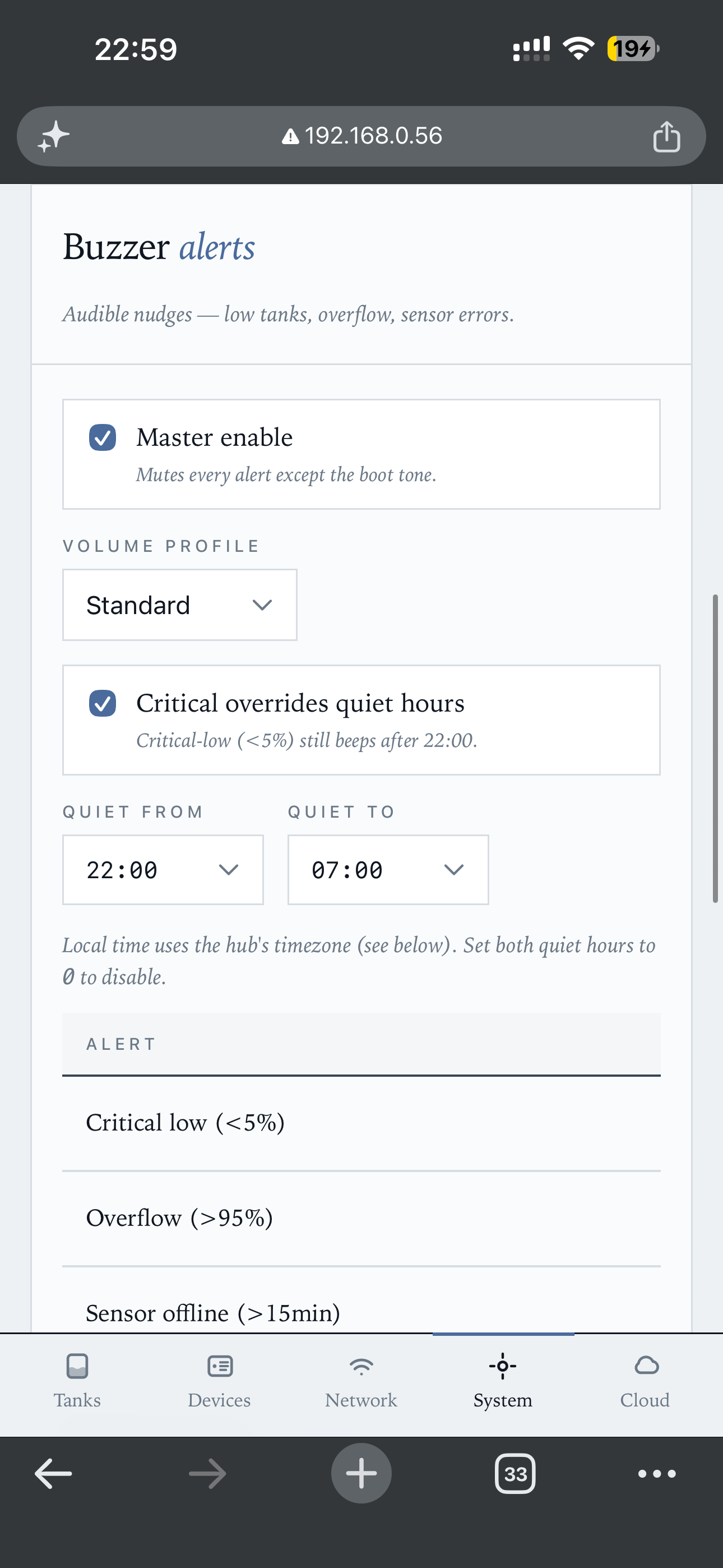 System — Buzzer alerts config