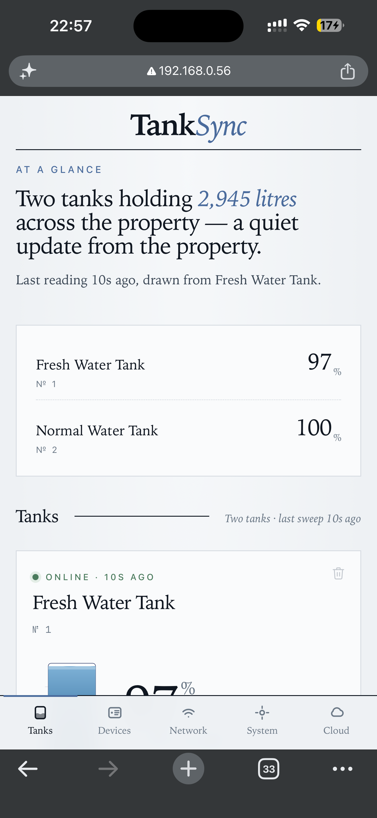 Tanks tab — at-a-glance summary