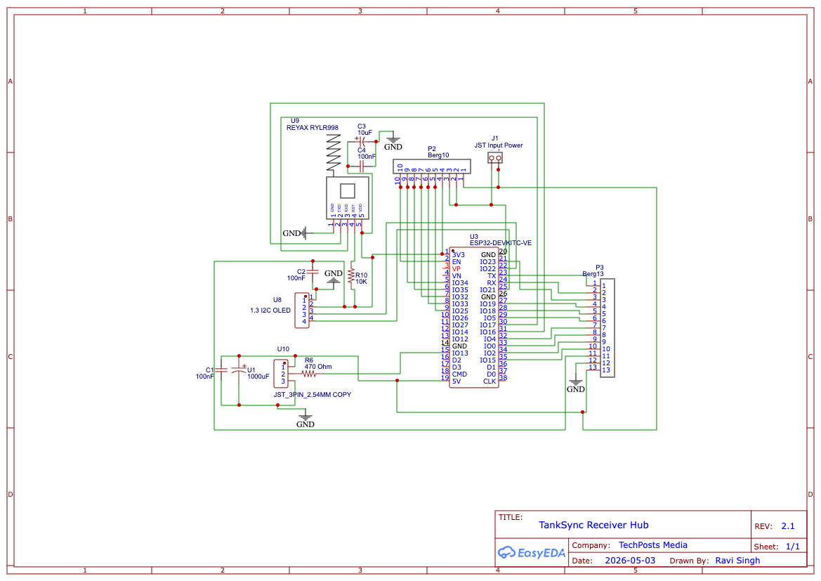 TankSync Receiver Hub schematic — REV 2.1, drawn in EasyEDA