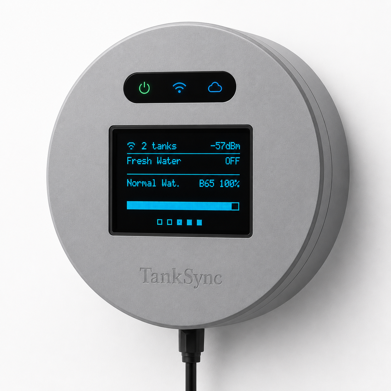 TankSync hub — wall-mounted, live OLED showing 2 tanks with status LEDs for power, WiFi, and cloud