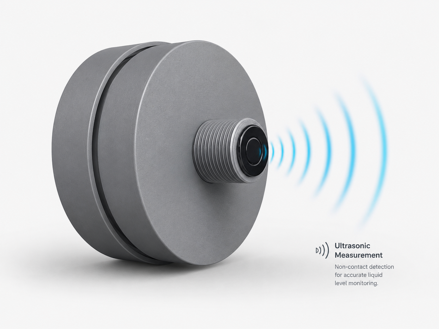 TankSync solar tank sensor — side profile with non-contact ultrasonic measurement waves visualised reaching into the tank
