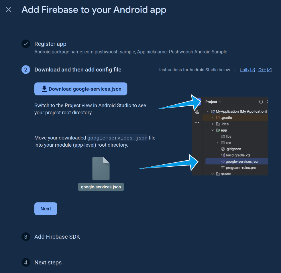 Add Firebase config file to your Android app