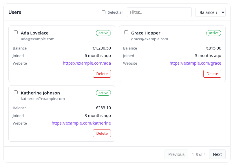 gadget CardList widget: a collection rendered as a horizontally scrolling strip of cards with title, subtitle, status badge, typed label/value fields, filter, sort, selection and per-card actions