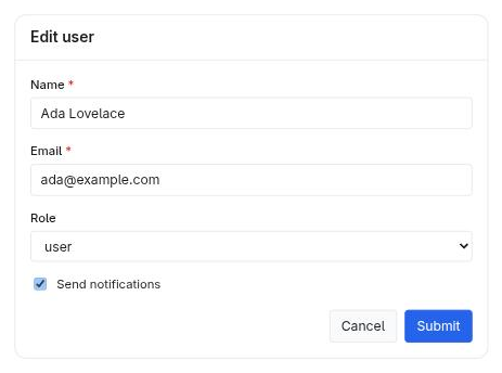 gadget Form widget: labelled fields, validation and submit/cancel actions