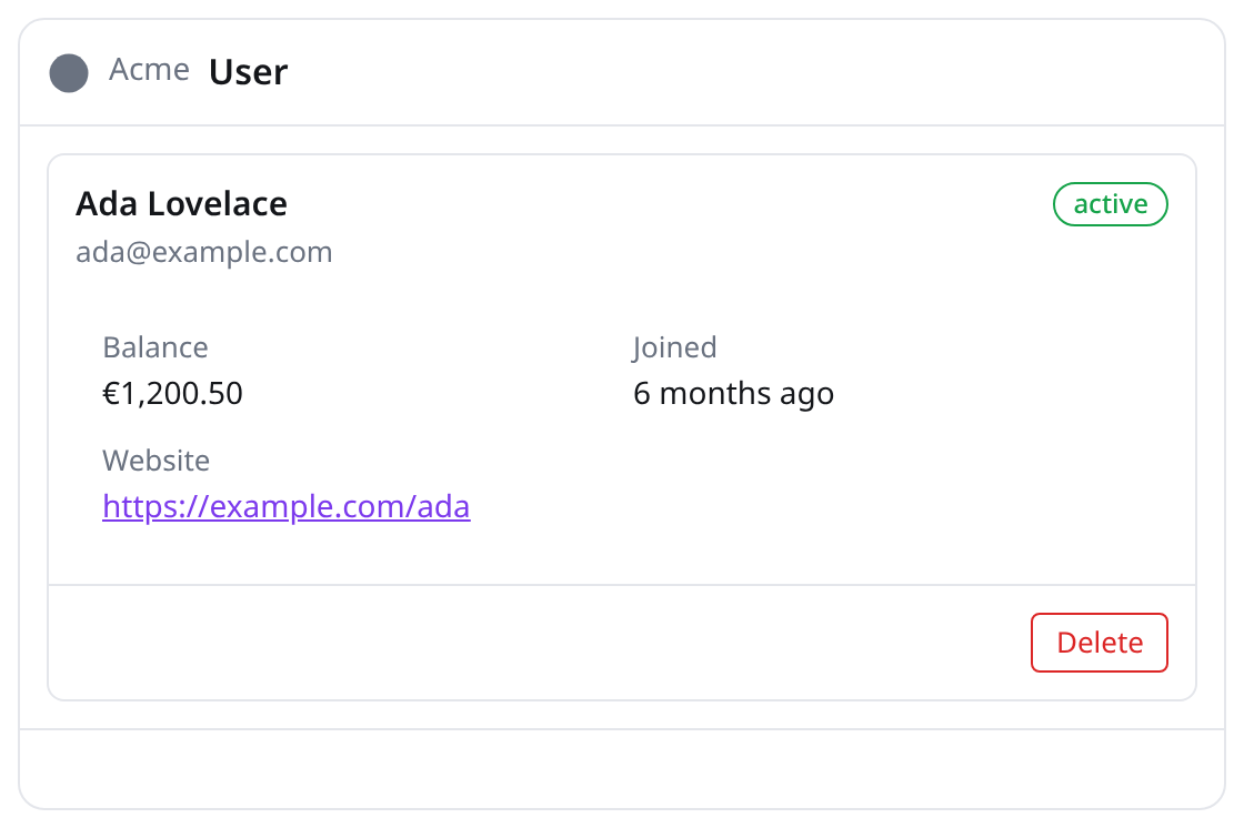 gomukit Card widget: a single record rendered as a detail card with a status badge, label/value fields and actions