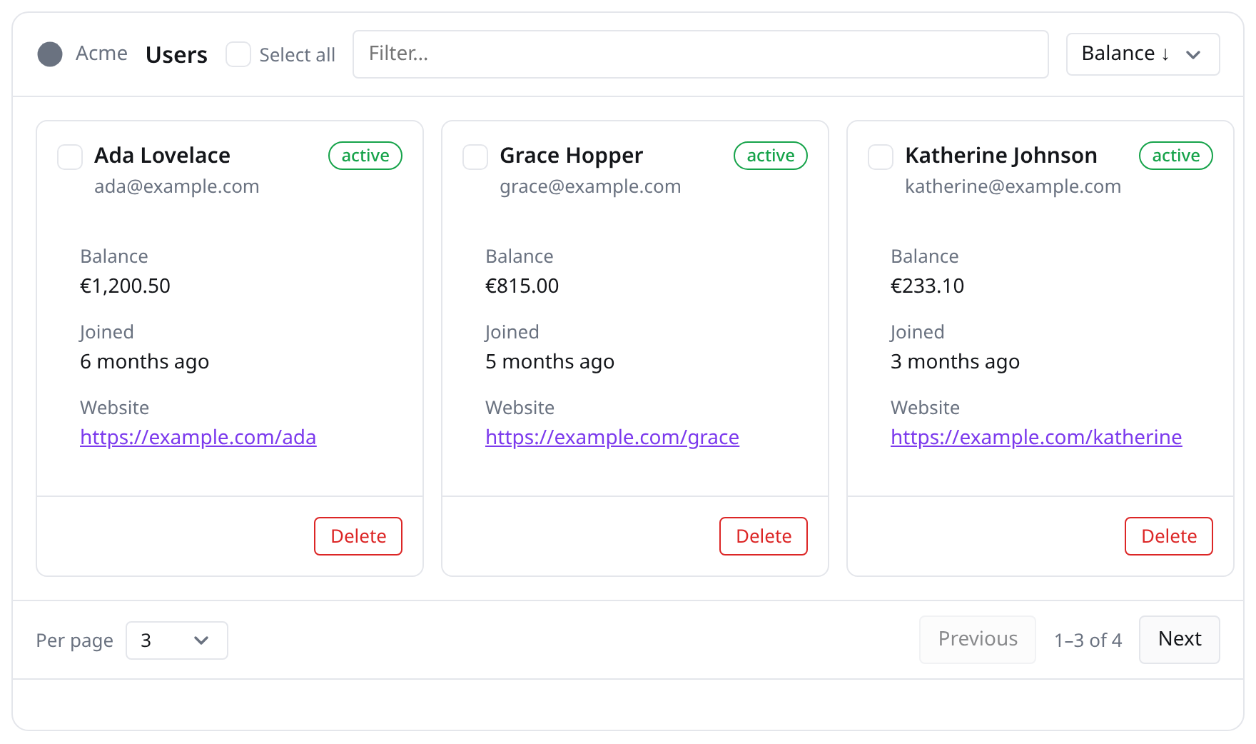 gomukit CardList widget: a collection rendered as a horizontally scrolling strip of cards with title, subtitle, status badge, typed label/value fields, filter, sort, selection and per-card actions